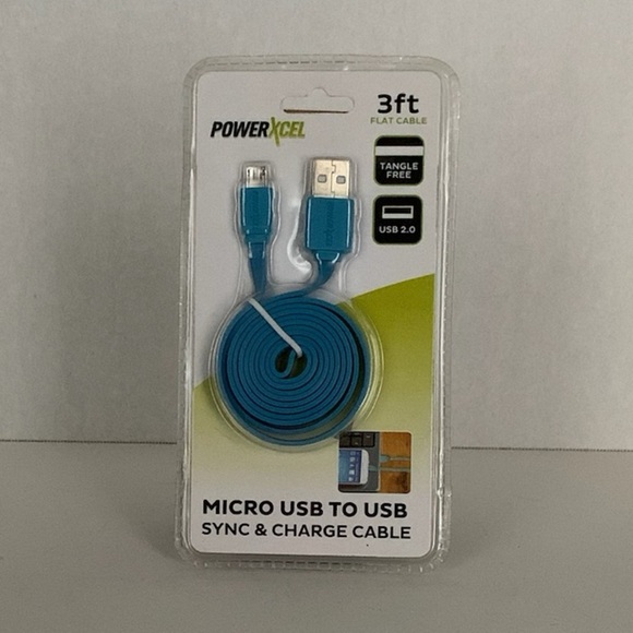 PowerXcel 3ft Micro USB to USB Flat Sync Charge Cable Blue Tangle Free - Picture 4 of 7
